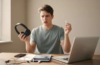 Split-scene image showing a man using over-ear headphones at home for work or gaming, and a woman wearing wireless earbuds outdoors while walking