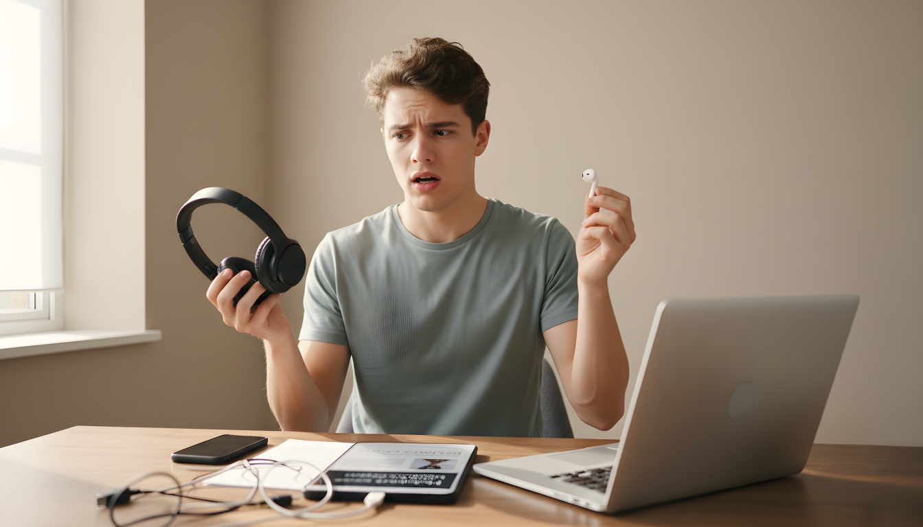 Split-scene image showing a man using over-ear headphones at home for work or gaming, and a woman wearing wireless earbuds outdoors while walking