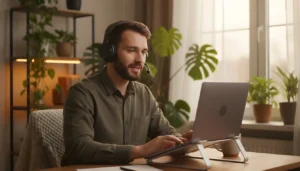 A person working from home during a video call, wearing over-ear headphones and speaking into a laptop camera.
