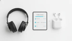 Side-by-side flat-lay of over-ear headphones and wireless earbuds with a digital comparison chart showing battery life, durability, and portability icons.