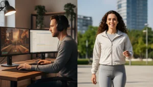 a split-scene image showcasing the contrast between using over-ear headphones at home and wireless earbuds outdoors