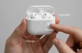 Person holding Beats earbuds case showing the Charge, Reset, and Connect buttons with indicators for pairing and setup.