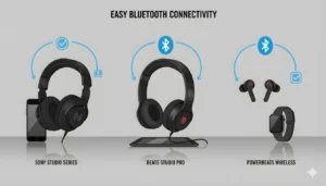 A creative composition of Sony Studio Series headphones on a reflective black surface with soft light highlighting their contours, subtle bokeh background, representing premium sound and professional quality — cinematic tone.