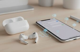 Close-up of Apple AirPods inside an open charging case on a white desk, with a smartphone showing Bluetooth connection status nearby.